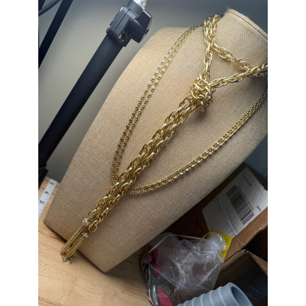 Gold Tone Textured Metal Multi Strand Tassel Lariat Necklace Set of 2 70s Glam